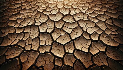 Naklejka premium Cracked desert ground texture background. Parched and arid soil. Vast and barren landscape. Extreme and harsh environment.