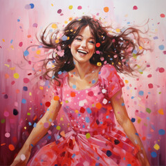 A girl in a pink dress smiles joyfully amidst a shower of colorful confetti.