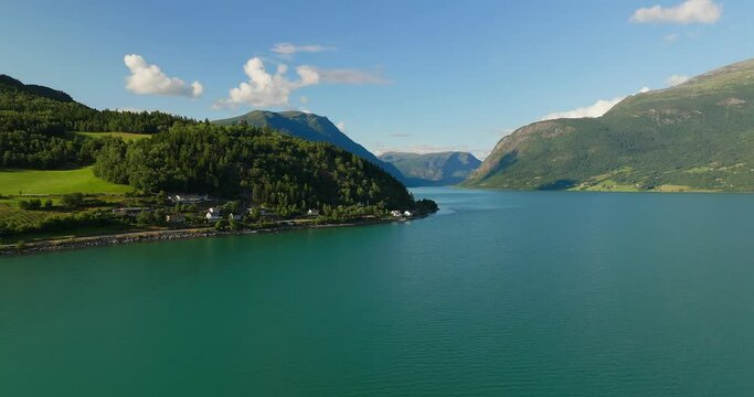 Majestic Lush Mountains In Luster Municipality, Lustrafjorden, West Coast, Norway. Aerial Wide Shot 