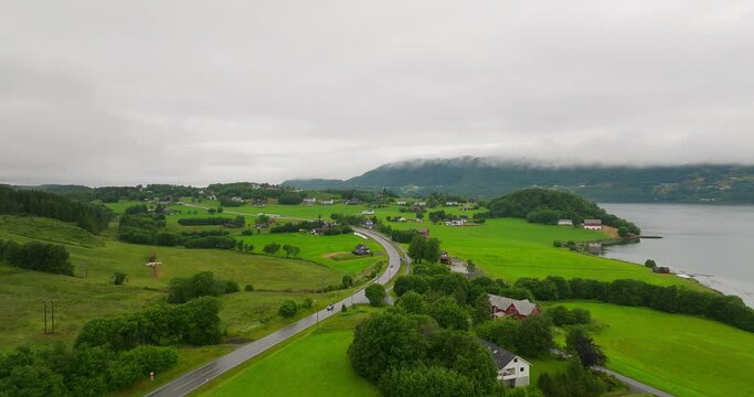 Stunning Villages With Verdant Nature On The West Coast Of Norway. Aerial Drone Shot