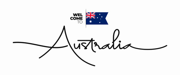 Welcome to Australia modern calligraphic text. handwritten with flag isolated on white background. Word lettering style, script, line drawing, signature, calligraphy, monoline. Vector Illustration