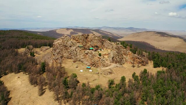  Aerial view of Tövkhön Monastery. It is one of Mongolia's oldest Buddhist monasteries. It is located on the border of Övörkhangai Province and Arkhangai Province. Central Mongolia- May 03 2022.