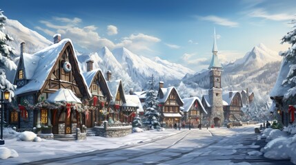Silent snowfall over a quaint village, a serene winter fairytale come to life.