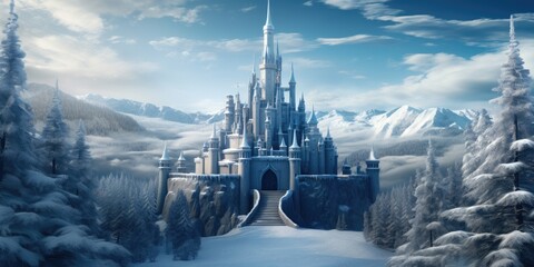 the enchantment of a fairy-tale winter scene, with a castle covered in snow and holiday enchantment