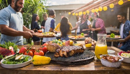Obraz premium Festive Grill Fiesta: Barbecue Delights Amidst a Party Backdrop