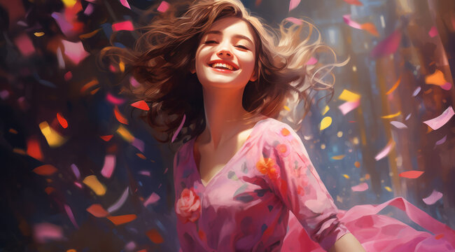 A joyful brunette girl with a radiant smile surrounded by colorful confetti dots.