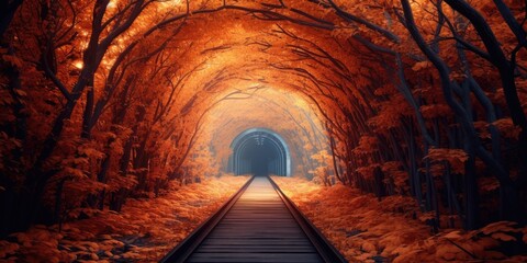 Famous Autumn Trees Tunnel with old railway - Tunnel of Love. Natural tunnel of love formed by trees. - obrazy, fototapety, plakaty