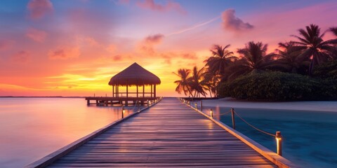 Naklejka premium Sunset on Maldives island, luxury water villas resort and wooden pier. Beautiful sky and clouds and beach background for summer vacation holiday and travel concept