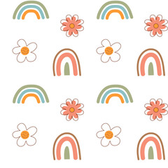 Obraz premium Boho seamless pattern. Cute flowers and scandinavian rainbows background.