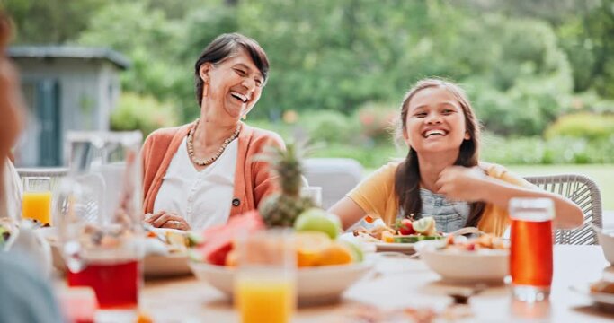 Food, praying and happy family outdoor with love, support or sunday lunch on patio together. Worship, gratitude or funny girl child with grandma at reunion for thanksgiving prayer, grace or tradition