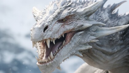 

furious white dragon in the mountines with white teeth mouth drooling close