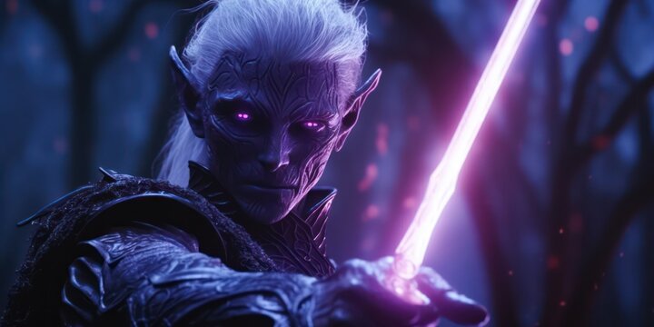 close-up of a dark elf in black armor with a violet glowing sword