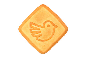Biscuits with the image of a bird on a white background. One cookie isolated on white background. Close-up of cookies.