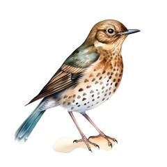Fototapeta premium Watercolor Illustration of a Spotted Thrush Bird on a White Background