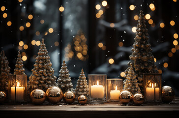 Merry christmas and happy new year. Christmas greetings concept with a candle light, christmas tree, balls and decorations on the blurred light background for website banner, ads, poster