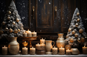 Fototapeta na wymiar Merry christmas and happy new year. Christmas greetings concept with a candle light, christmas tree, balls and decorations on the old wooden background for website banner, ads, poster. Generative AI