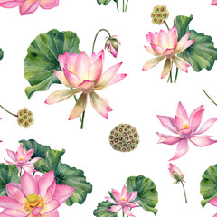 Seamless pattern watercolor lotus flowers and leaves pink and green botanical art decoration invitation