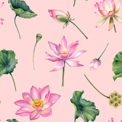 Seamless pattern, lotus, watercolor lotus flowers, leaves, pink and green, botanical art, decoration, invitation