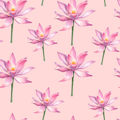 Pink Lotus Flowers, Childrens cute pattern, watercolor, seamless pattern, hand drawn, illustration, invitation, decoration, mothers day, spring, textile, print, fabric