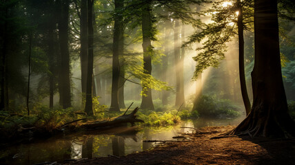 forest scene with rays of sunlight breaking through the canopy, AI Generative.