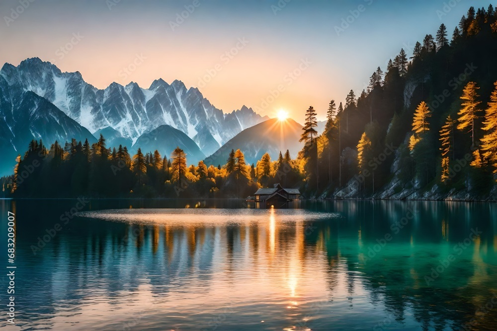 Wall mural **impressive summer sunrise on eibsee lake with zugspitze mountain range sunny outdoor scene in germ