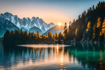 Fototapete Alpen **impressive summer sunrise on eibsee lake with zugspitze mountain range sunny outdoor scene in german alps bavaria germany europe beauty of nature concept background -