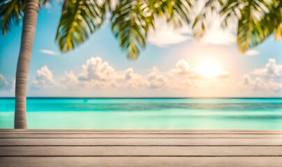 Empty wooden table, blurred summer sea background with copy space for your product