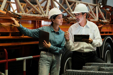 Factory manager inspecting industrial steel machinery and overseeing while supervising and enhancing quality control process for metal material product. Exemplifying