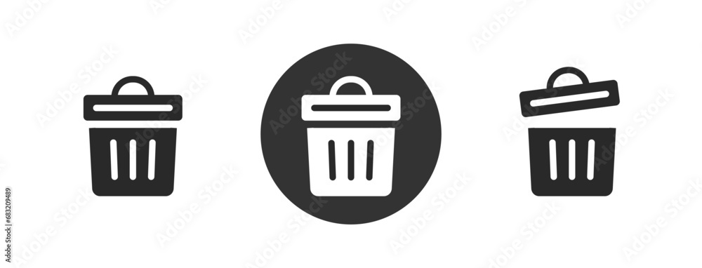 Poster trash bin can or garbage junk solid icon vector simple glyph graphic pictogram silhouette, round rub