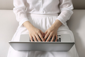 ソファーでノートパソコンを使っている女性の手のクローズアップ