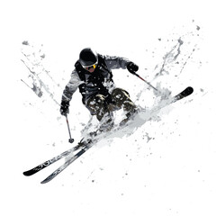 Silhouette of a man ski mountaineering descending from the mountain