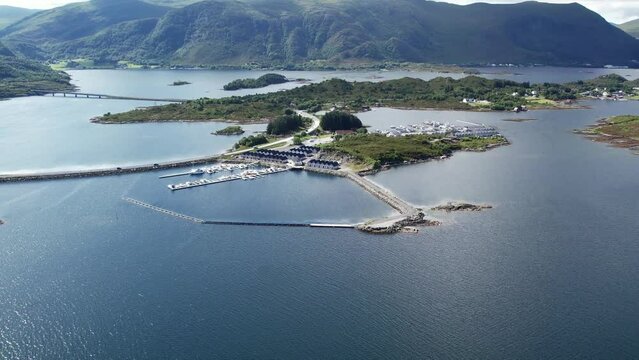 Aerial view of Islands attached by bridges in the Fjords of Norway - Stokksund - Blikkv&aring;gane - Runde - Rem&oslash;ya - Leinoya