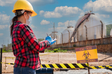 Female petrochemical engineer worker checks the gas storage industry and oil refinery plant...
