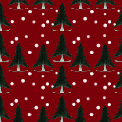 Seamless pattern Christmas tree with snows pattern on red background.	