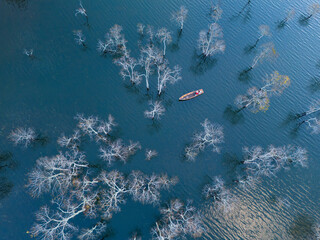Aerial view of morning on Tuyen Lam lake at Dalat, Vietnam, beautiful landscape for eco travel at...
