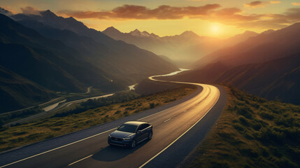A high angle drone shot of a modern car cruising in a mountain landscape at sunset.
