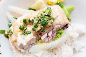 top view fast food of steamed chicken with vegetable and rice