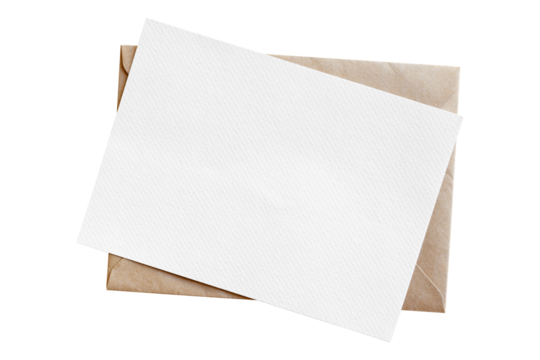Mockup white paper greeting card with brown envelope on isolated background.
