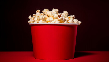 Freshly popped popcorn in a vibrant red bucket against a dark background.