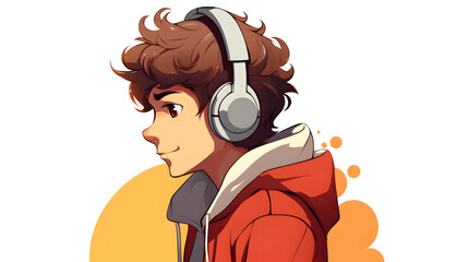 Boy listening to music with headphones, side view, blank background, animation style_Generativ AI