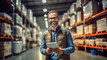 A happy salesman stand holding tablet in large warehouse.