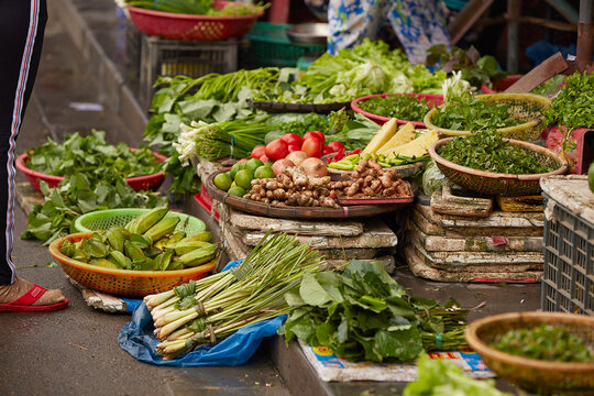 Fresh vegetables on display in a traditional market	