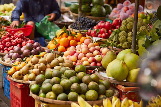 Fresh tropical fruits on display at a traditional market