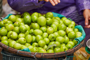 Fresh tropical fruits on display at a traditional market	