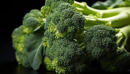 Vibrant green broccoli florets with leaves on a black background.