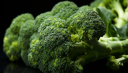 Vibrant green broccoli florets with leaves on a black background.