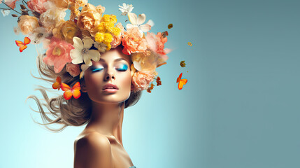 Surreal abstract woman portrait with flowers over head on blue background. summer colors. Concept of environmental friendliness and naturalness of cosmetic products. Banner. copy space - obrazy, fototapety, plakaty