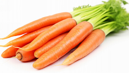 Bunch of fresh carrots with green tops on white background.