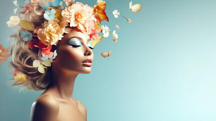 Surreal abstract woman portrait with flowers over head on blue background. summer colors. Concept of environmental friendliness and naturalness of cosmetic products. Banner. copy space - obrazy, fototapety, plakaty