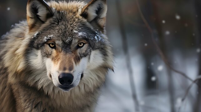 gray wolf portrai. Wildlife Animal. Snowy Background, Generative AI